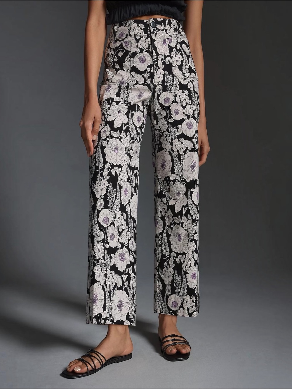 Anthropologie Maeve Colette Wide Leg Pants Womens 28 Black Floral Patch Pocket - Picture 9 of 9